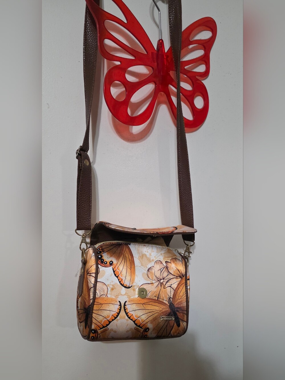 Butterfly Print Crossbody Bag - Brown/Orange